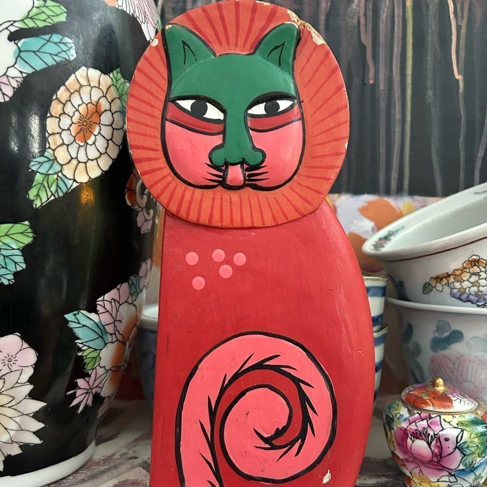 Vintage Handcarved 9.5" Wooden Red and Green Cat Decor Accent Whimsygoth Boho